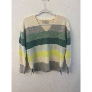 LOFT Striped V-Neck Sweater Medium Green Gray Cream Yellow Ribbed Trim women siz